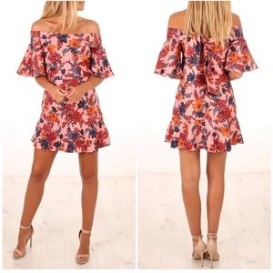 Finders Keepers Rhapsody Off Shoulder Mini Dress XS Pink Floral